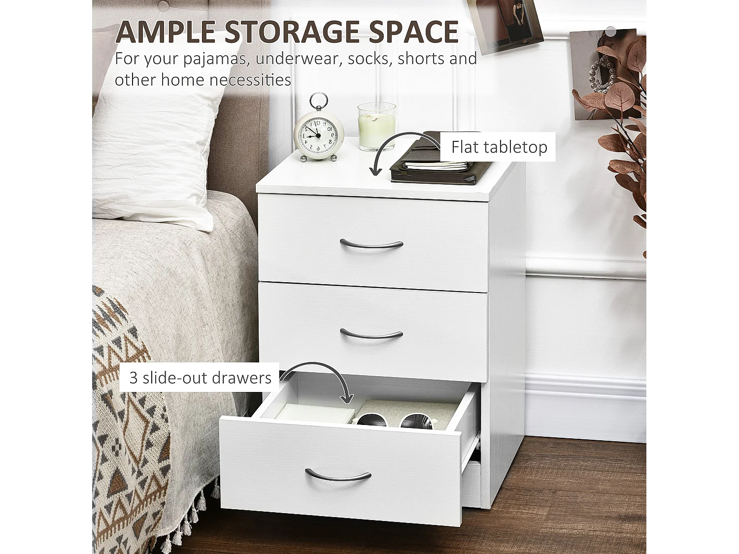 Yotose White 3 Drawer Bedside Table with Silver Metal Handles