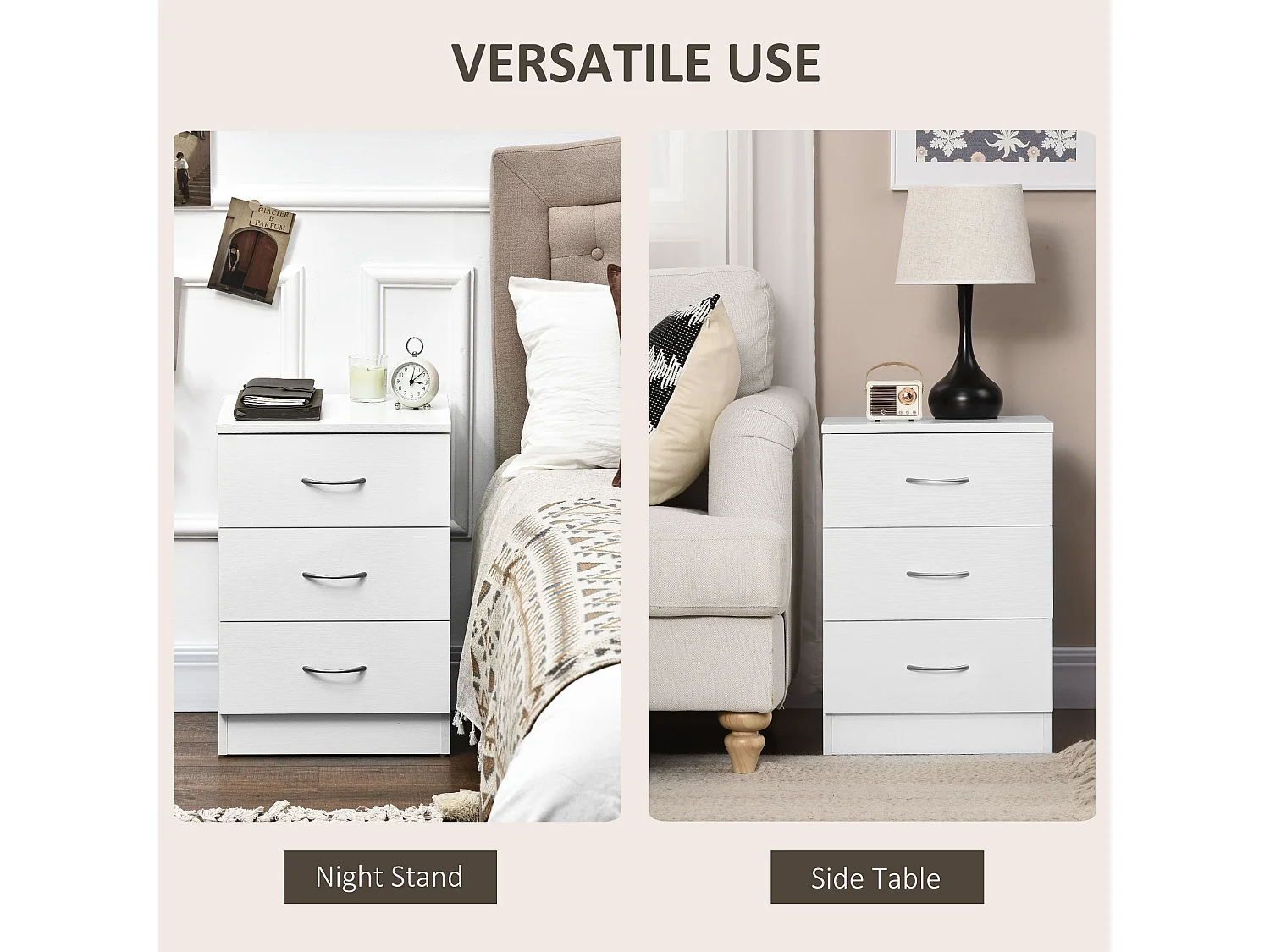 Yotose White 3 Drawer Bedside Table with Silver Metal Handles