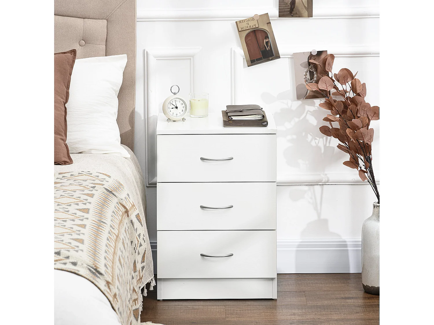 Yotose White 3 Drawer Bedside Table with Silver Metal Handles