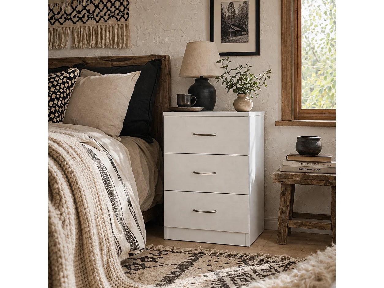 Yotose White 3 Drawer Bedside Table with Silver Metal Handles