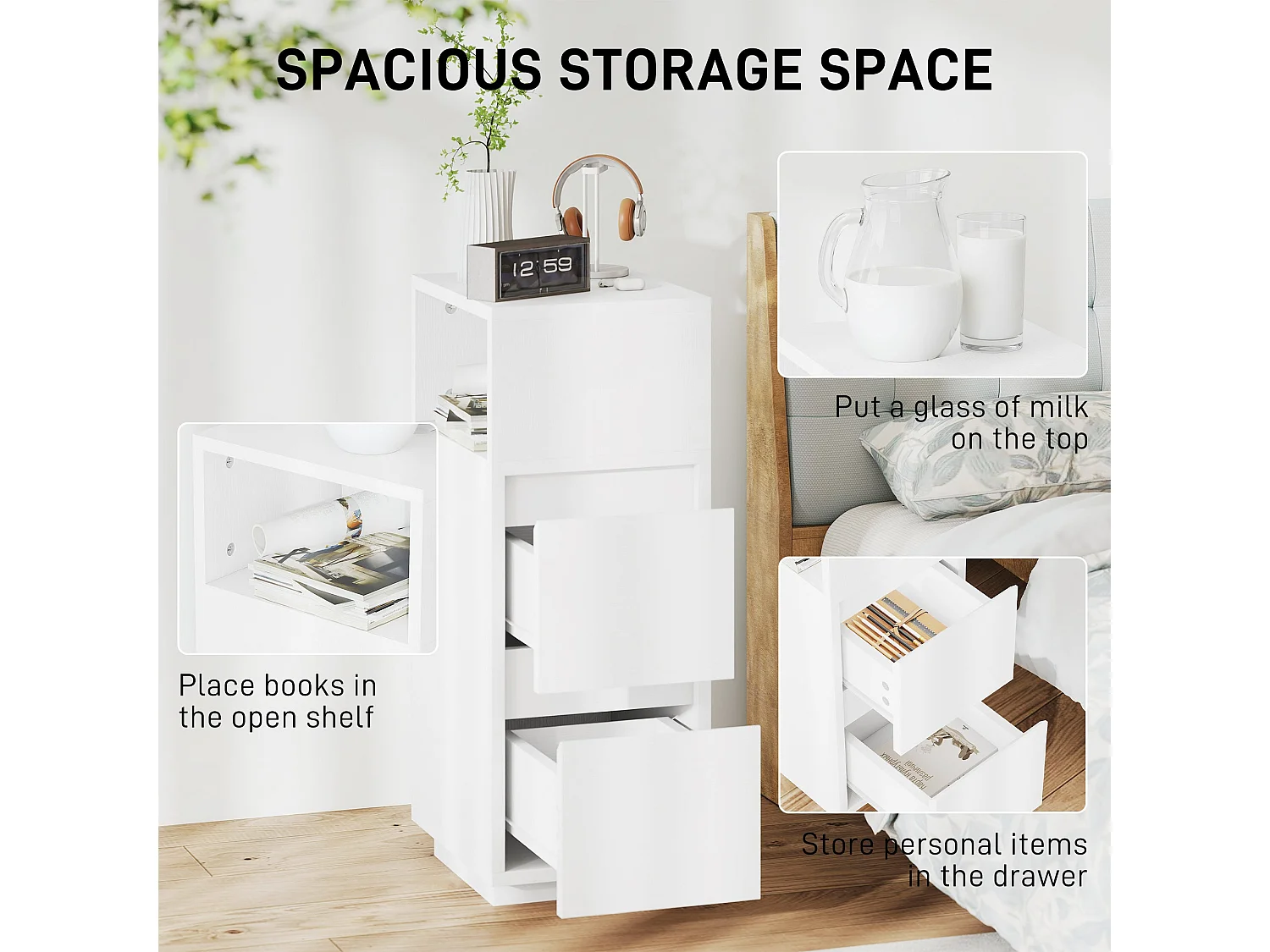 Nineso Valu Slim White Bedside Table 2 Drawers and Open Shelf