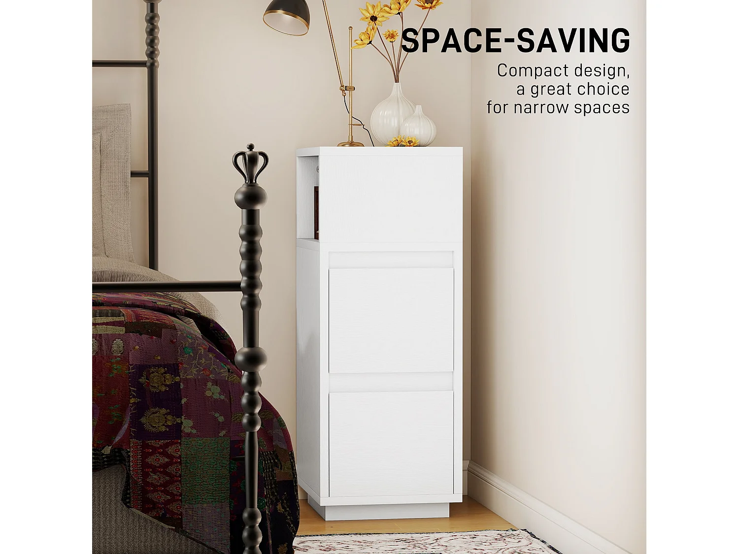 Nineso Valu Slim White Bedside Table 2 Drawers and Open Shelf