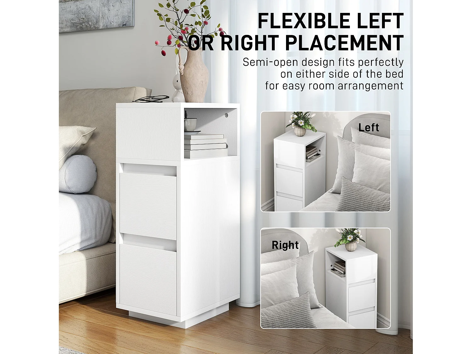 Nineso Valu Slim White Bedside Table 2 Drawers and Open Shelf