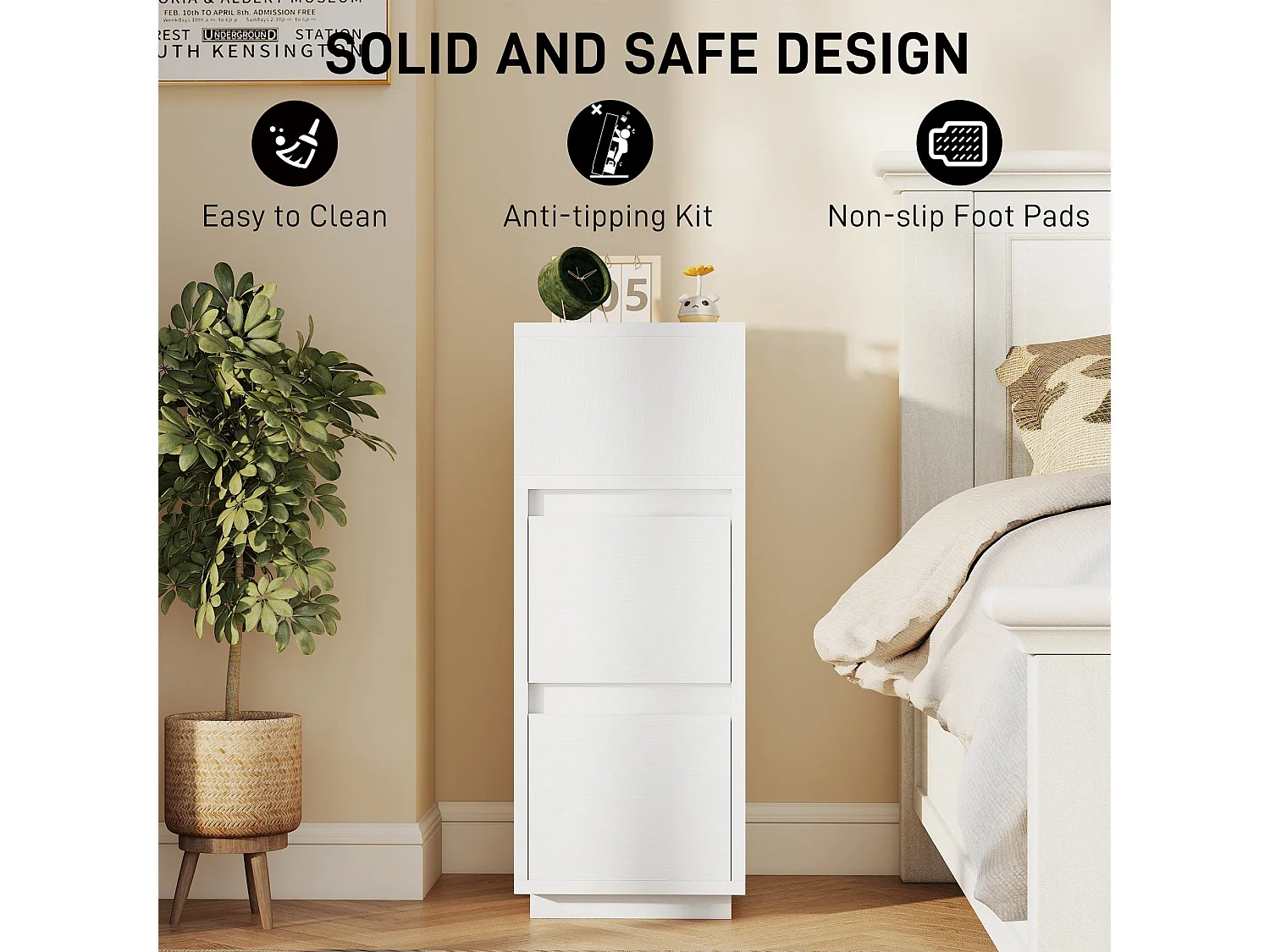 Nineso Valu Slim White Bedside Table 2 Drawers and Open Shelf