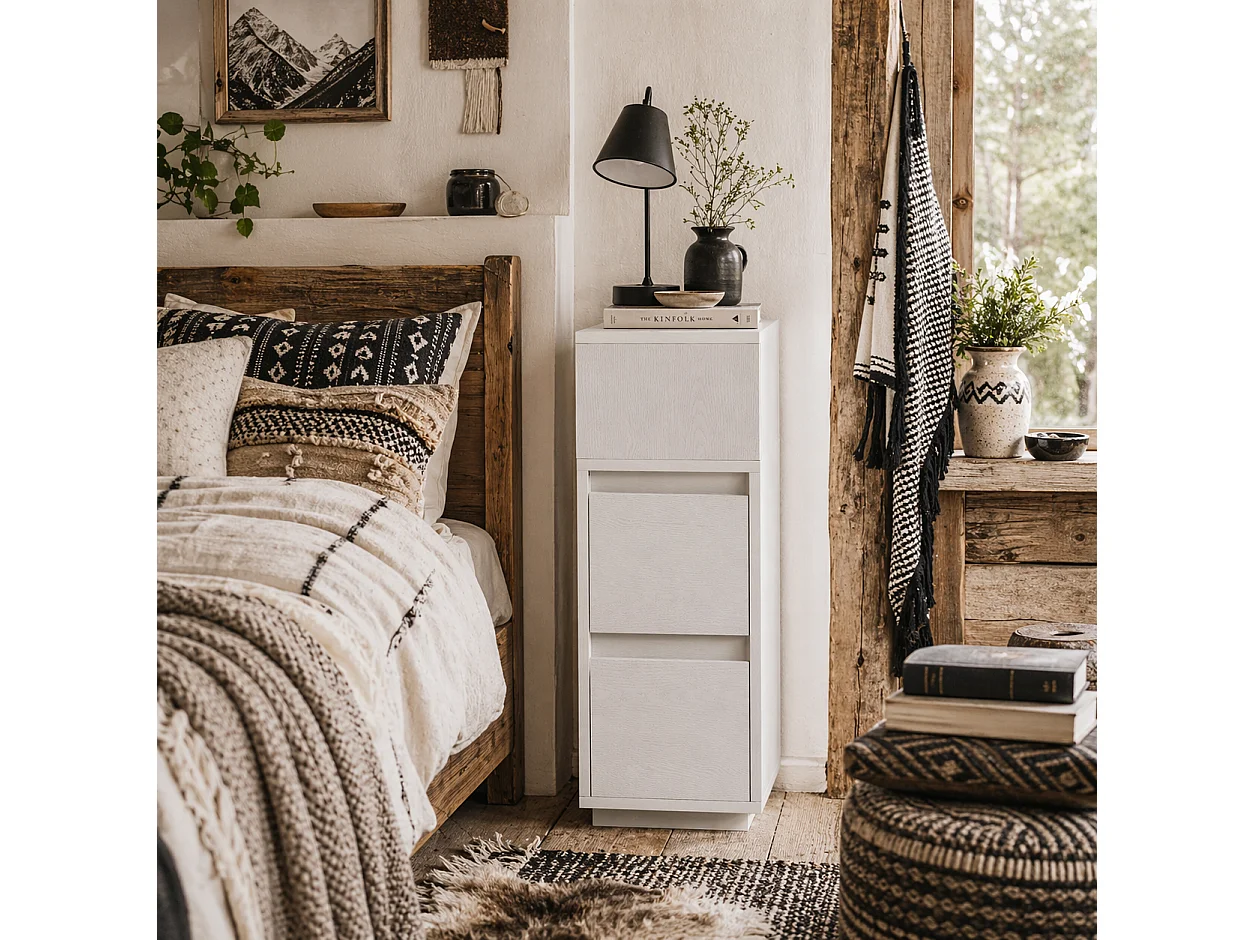 Nineso Valu Slim White Bedside Table 2 Drawers and Open Shelf