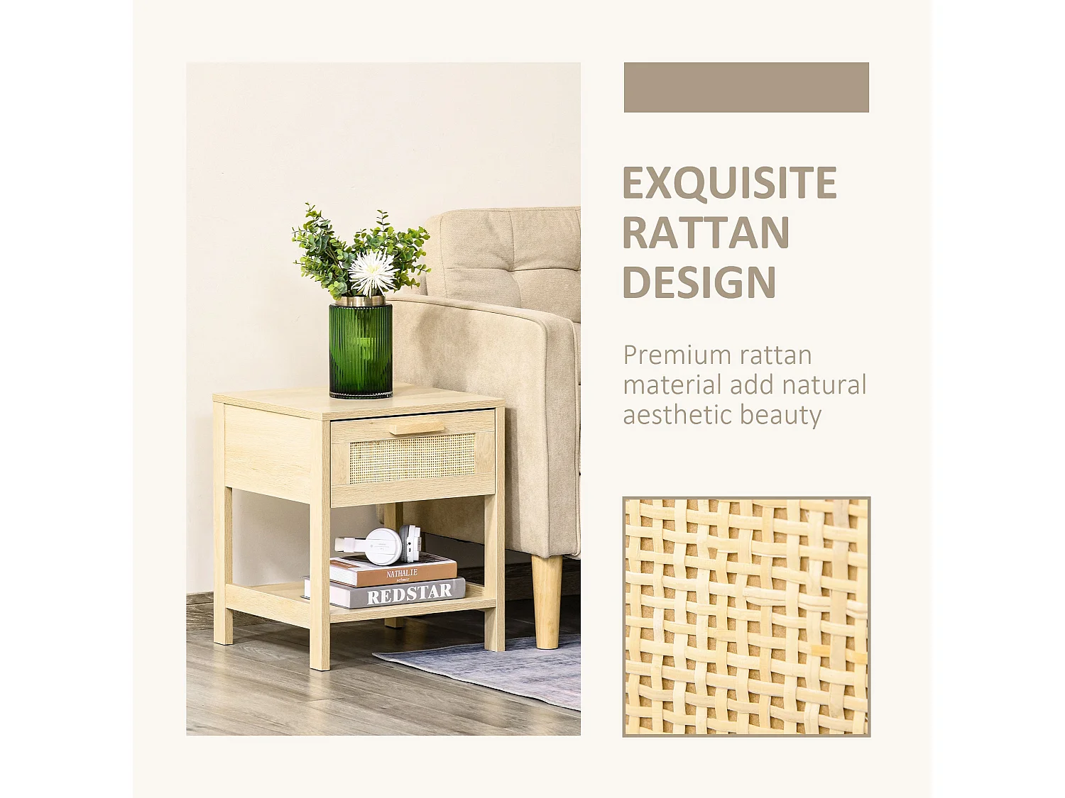 Vicoha Set of 2 Natural Rattan Drawer Bedside Tables with Open Shelf