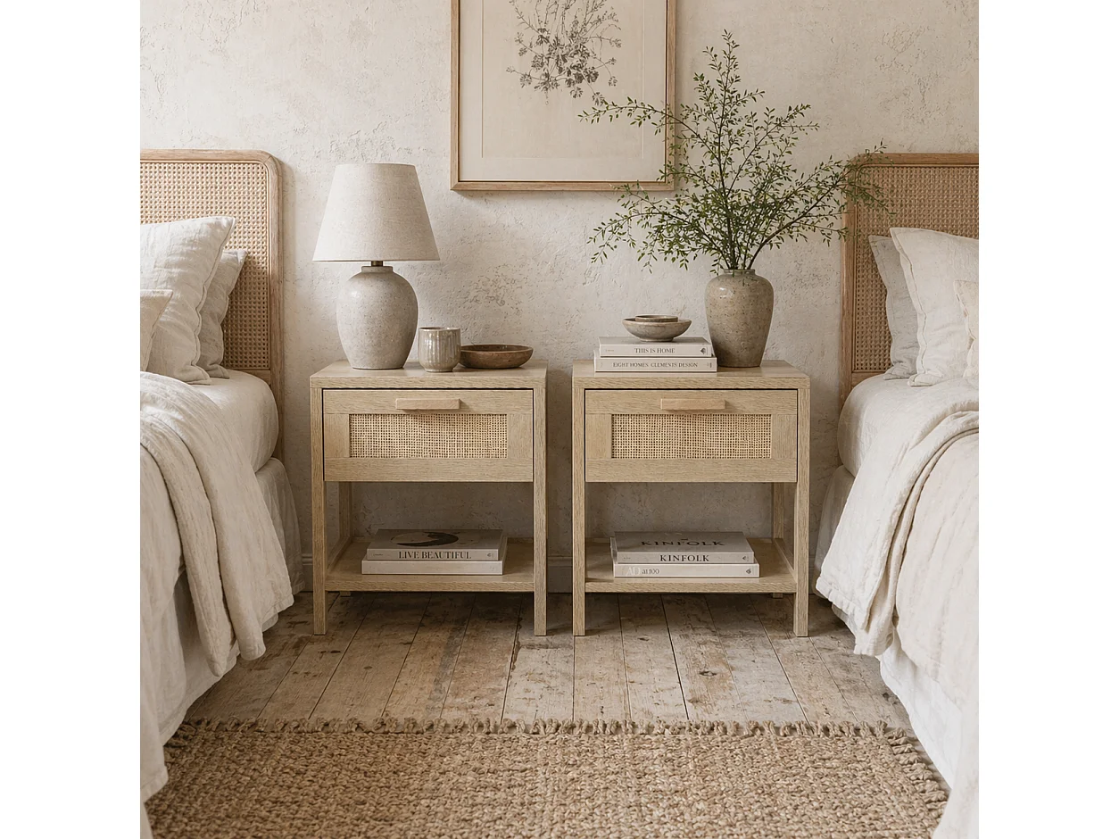 Vicoha Set of 2 Natural Rattan Drawer Bedside Tables with Open Shelf