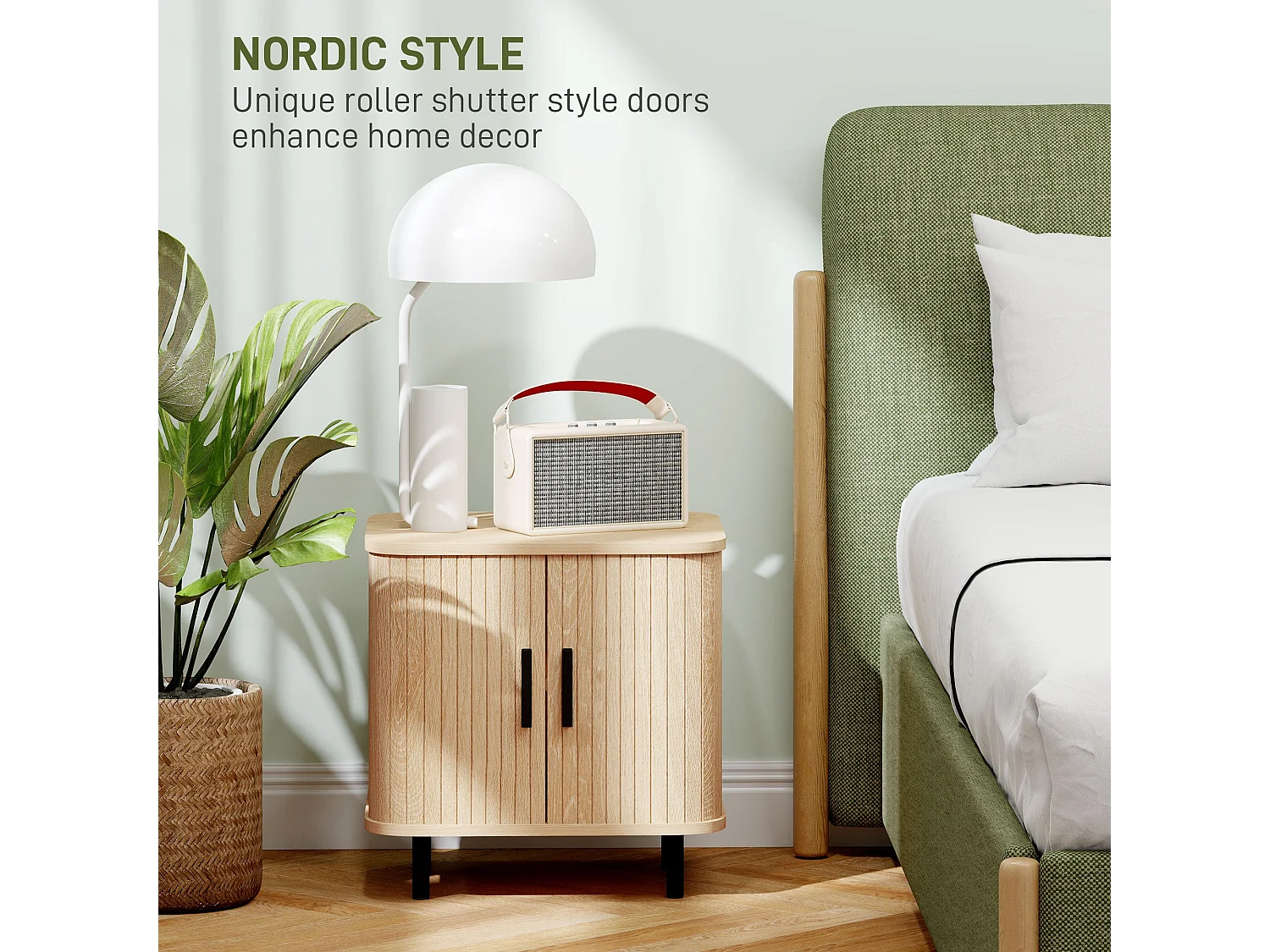 Ritava Oak Tambour Bedside Table 2 Sliding Doors Black Metal Legs