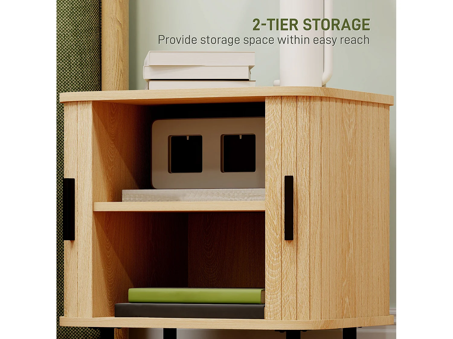 Ritava Oak Tambour Bedside Table 2 Sliding Doors Black Metal Legs