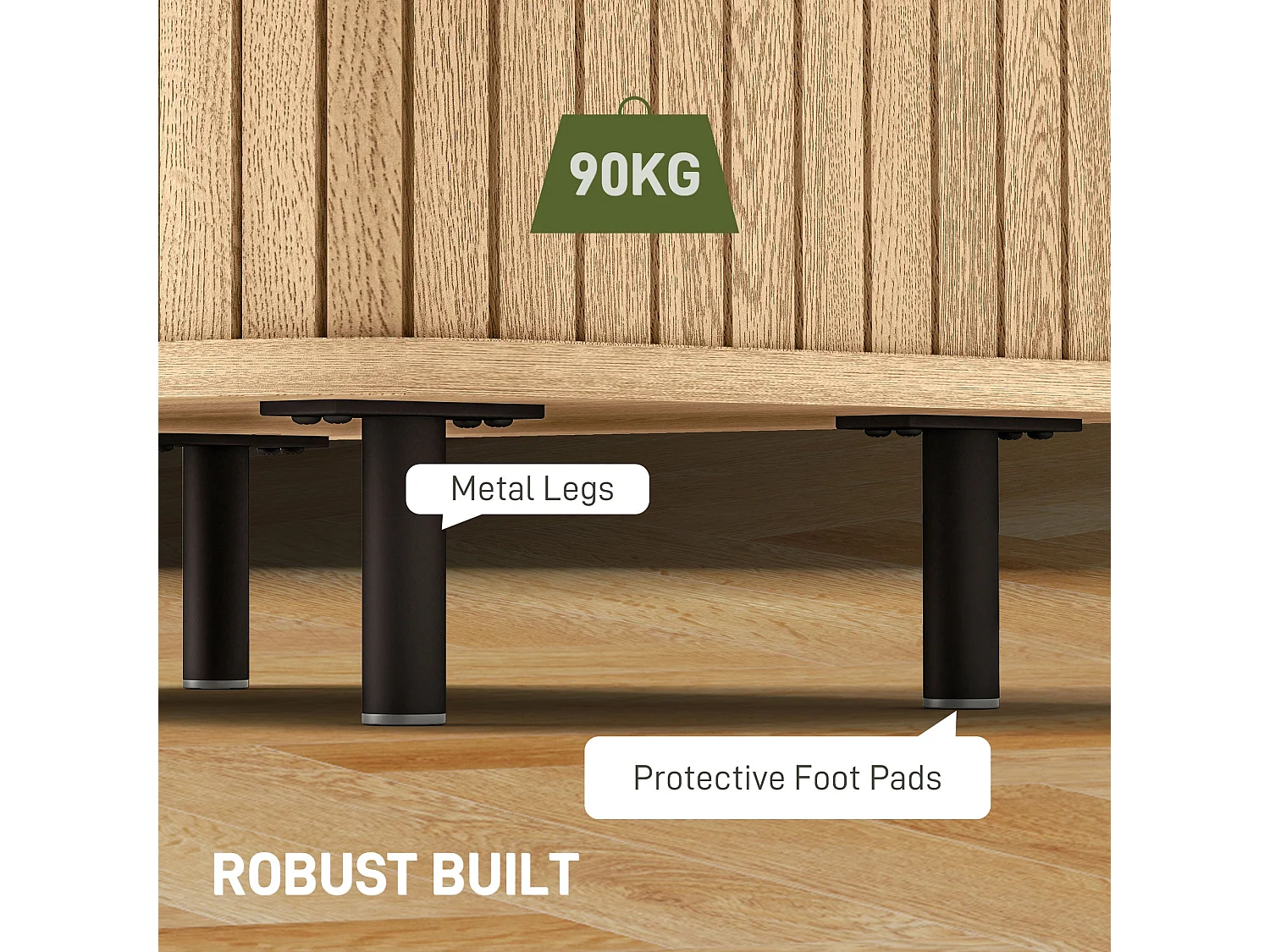 Ritava Oak Tambour Bedside Table 2 Sliding Doors Black Metal Legs
