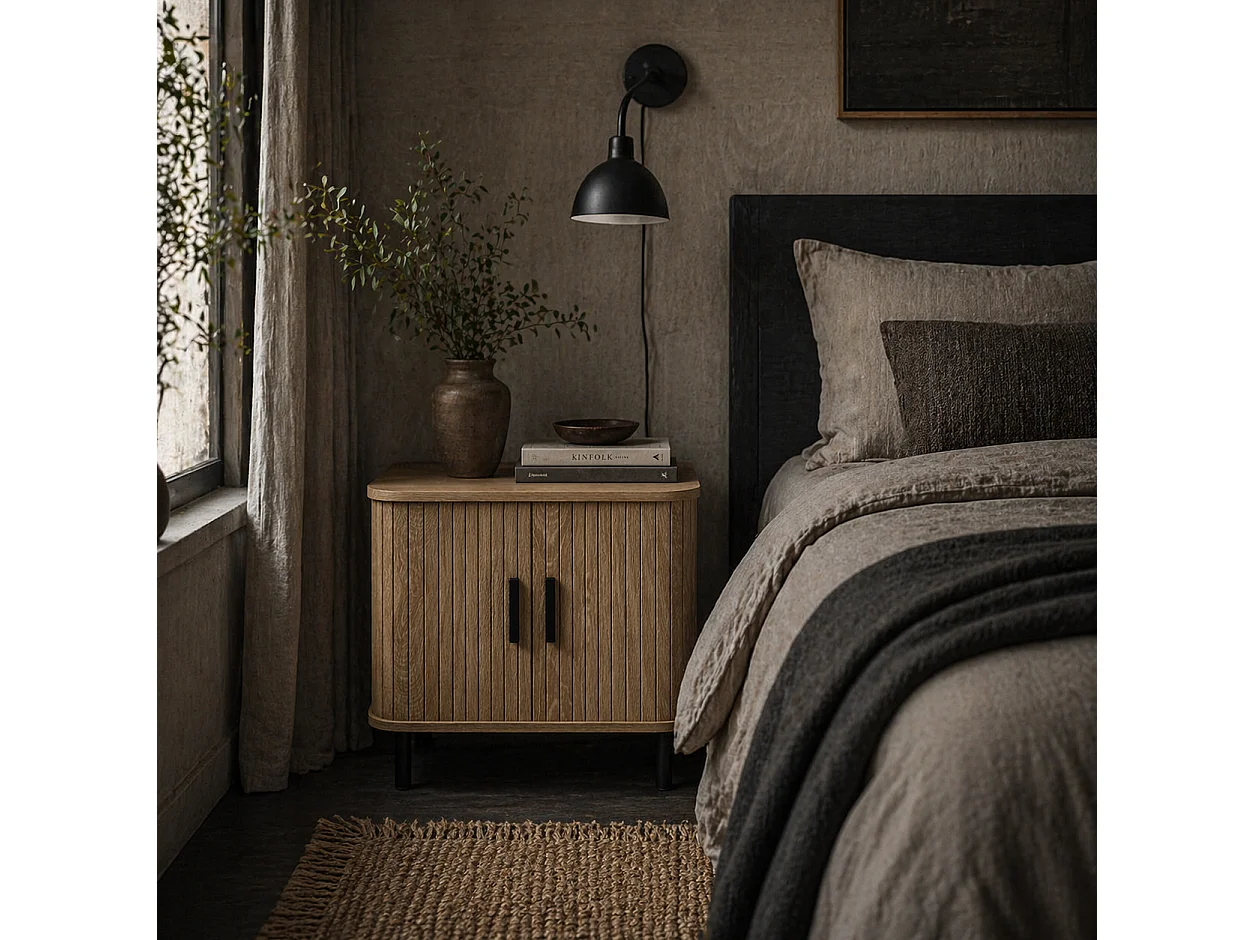 Ritava Oak Tambour Bedside Table 2 Sliding Doors Black Metal Legs