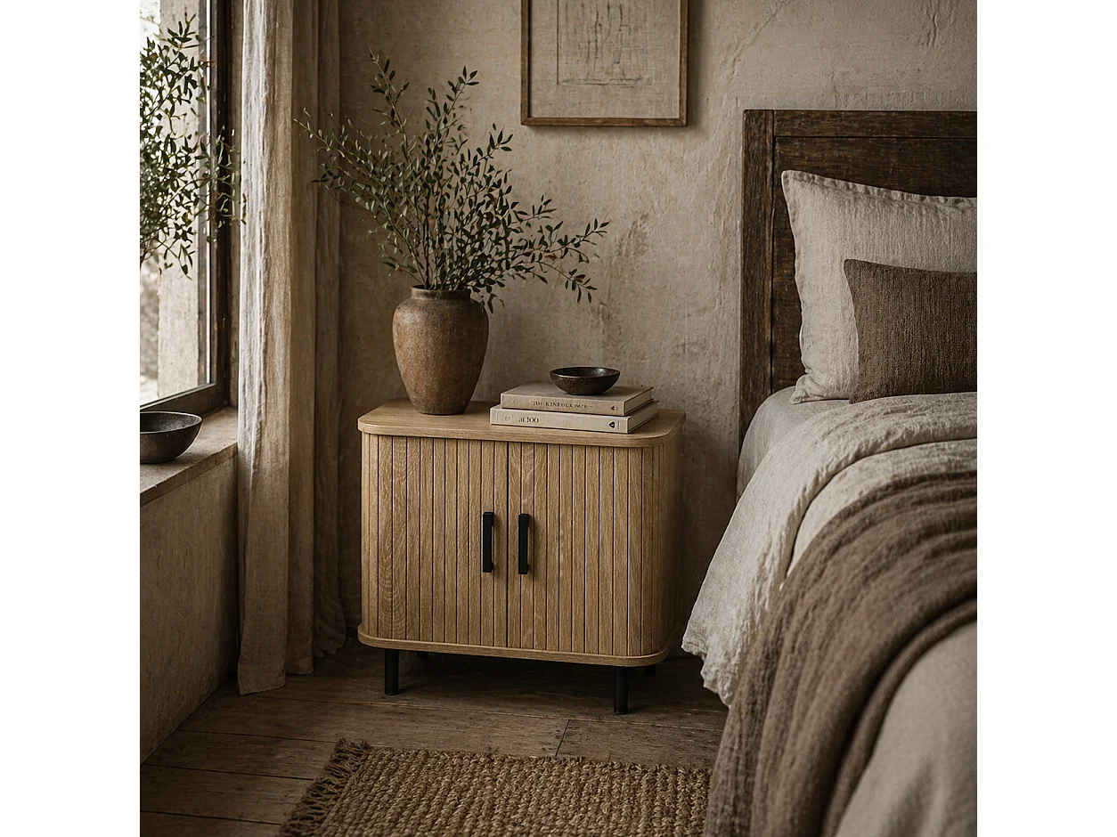 Ritava Oak Tambour Bedside Table 2 Sliding Doors Black Metal Legs