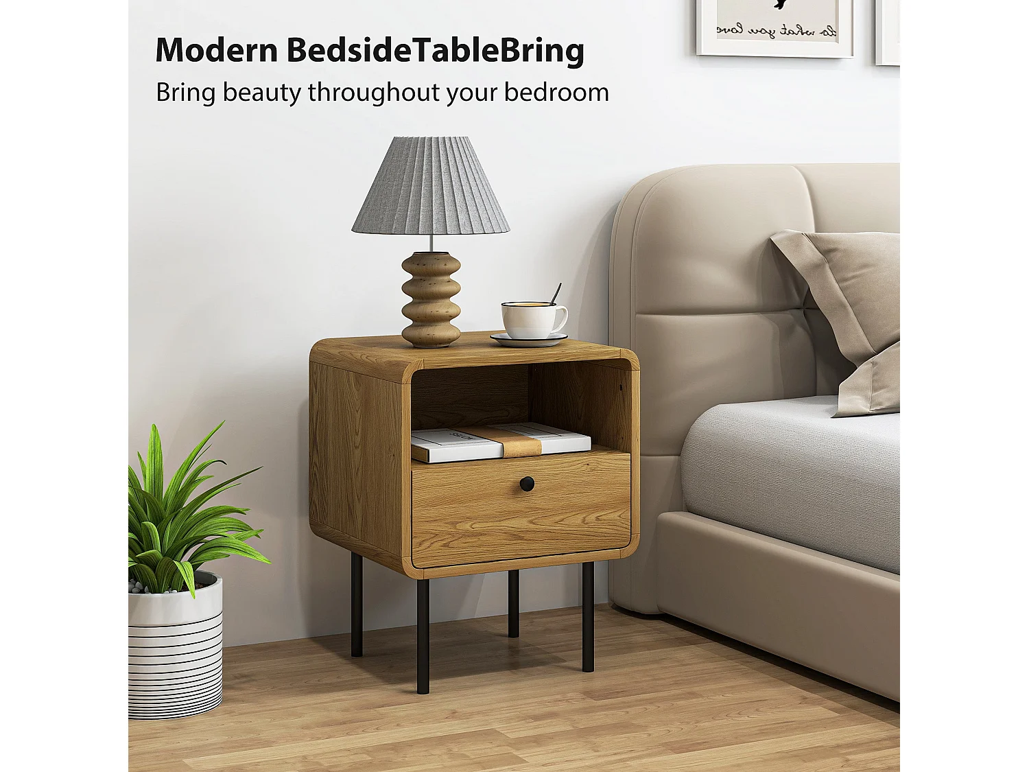 Move Lalo Oak Finish Bedside Table with Drawer and Open Shelf