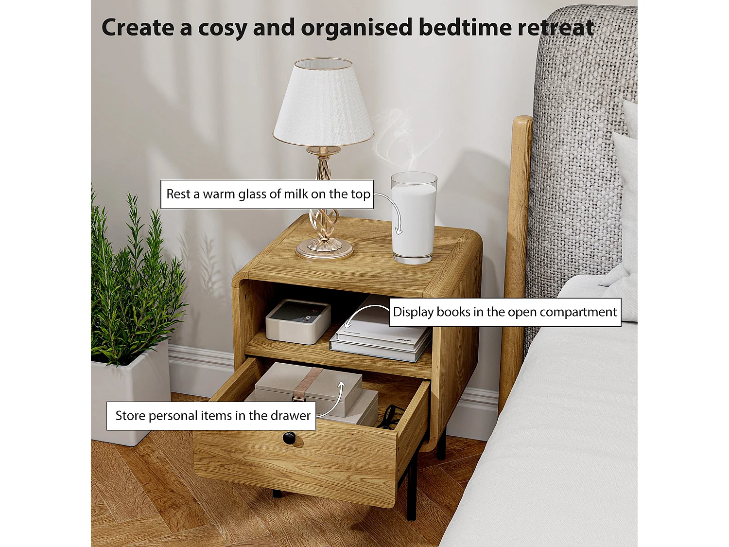 Move Lalo Oak Finish Bedside Table with Drawer and Open Shelf