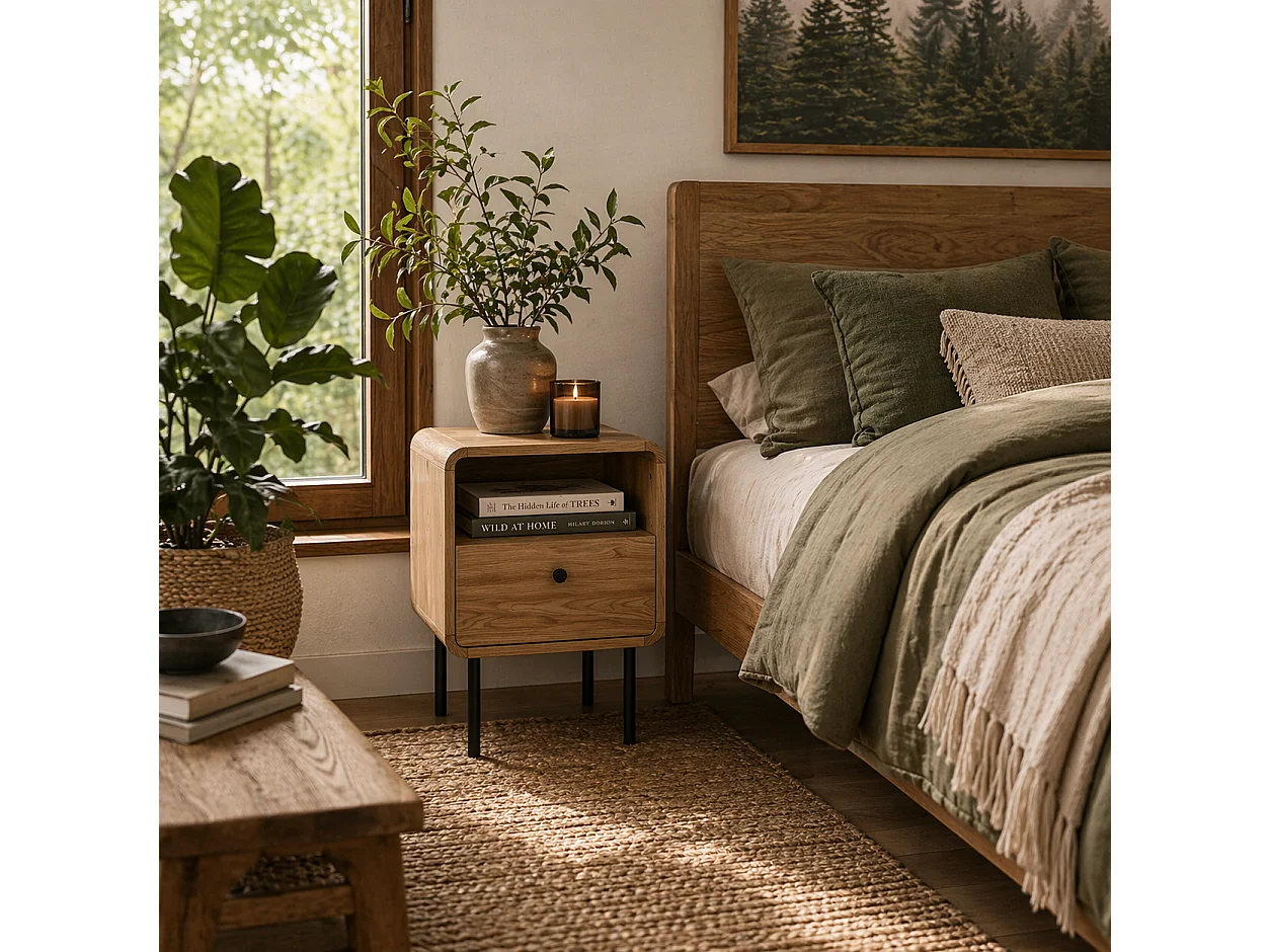 Move Lalo Oak Finish Bedside Table with Drawer and Open Shelf