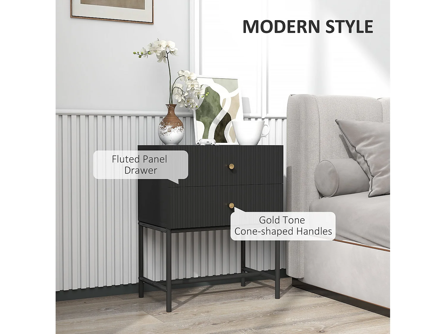 Nafico Black and Gold Ribbed 2 Drawer Bedside Table