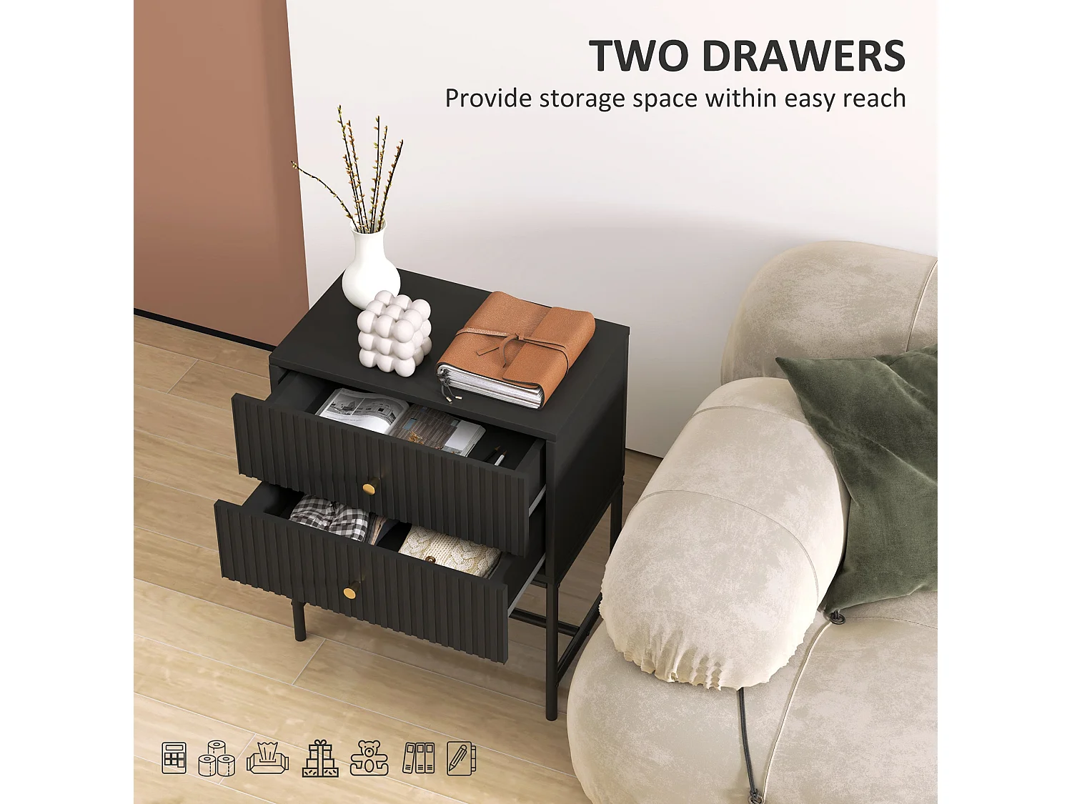 Nafico Black and Gold Ribbed 2 Drawer Bedside Table