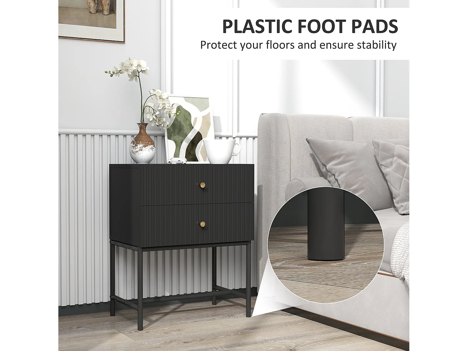Nafico Black and Gold Ribbed 2 Drawer Bedside Table