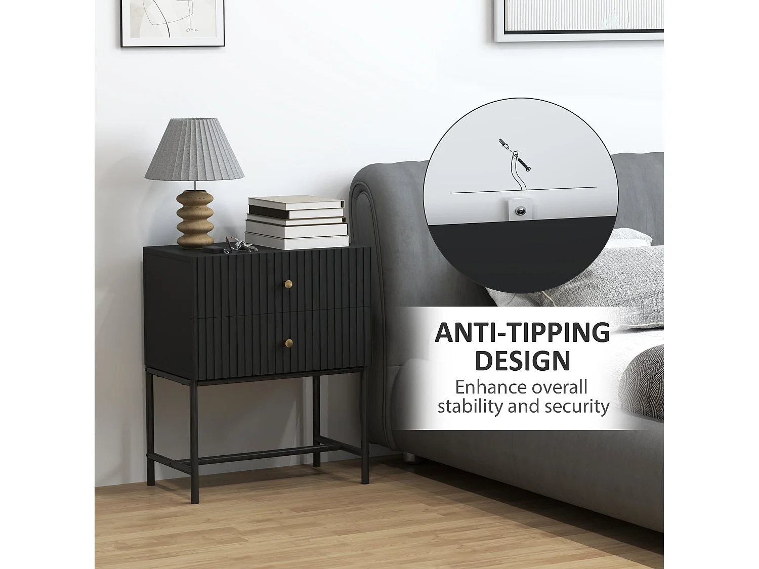 Nafico Black and Gold Ribbed 2 Drawer Bedside Table