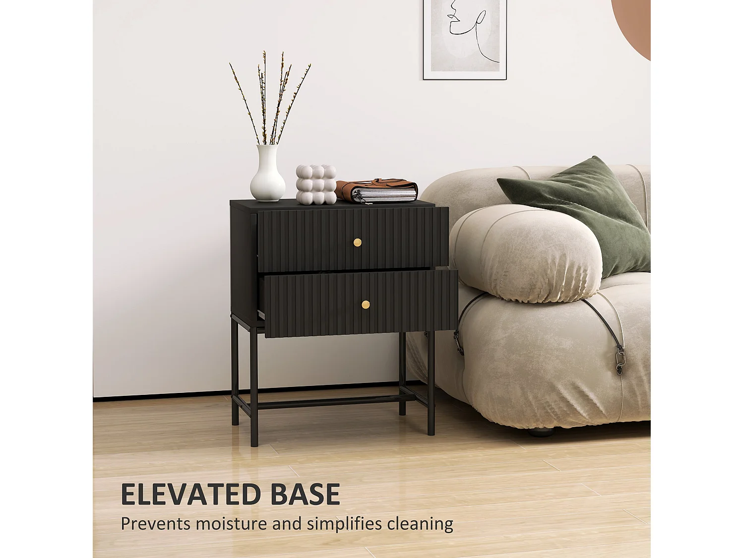 Nafico Black and Gold Ribbed 2 Drawer Bedside Table