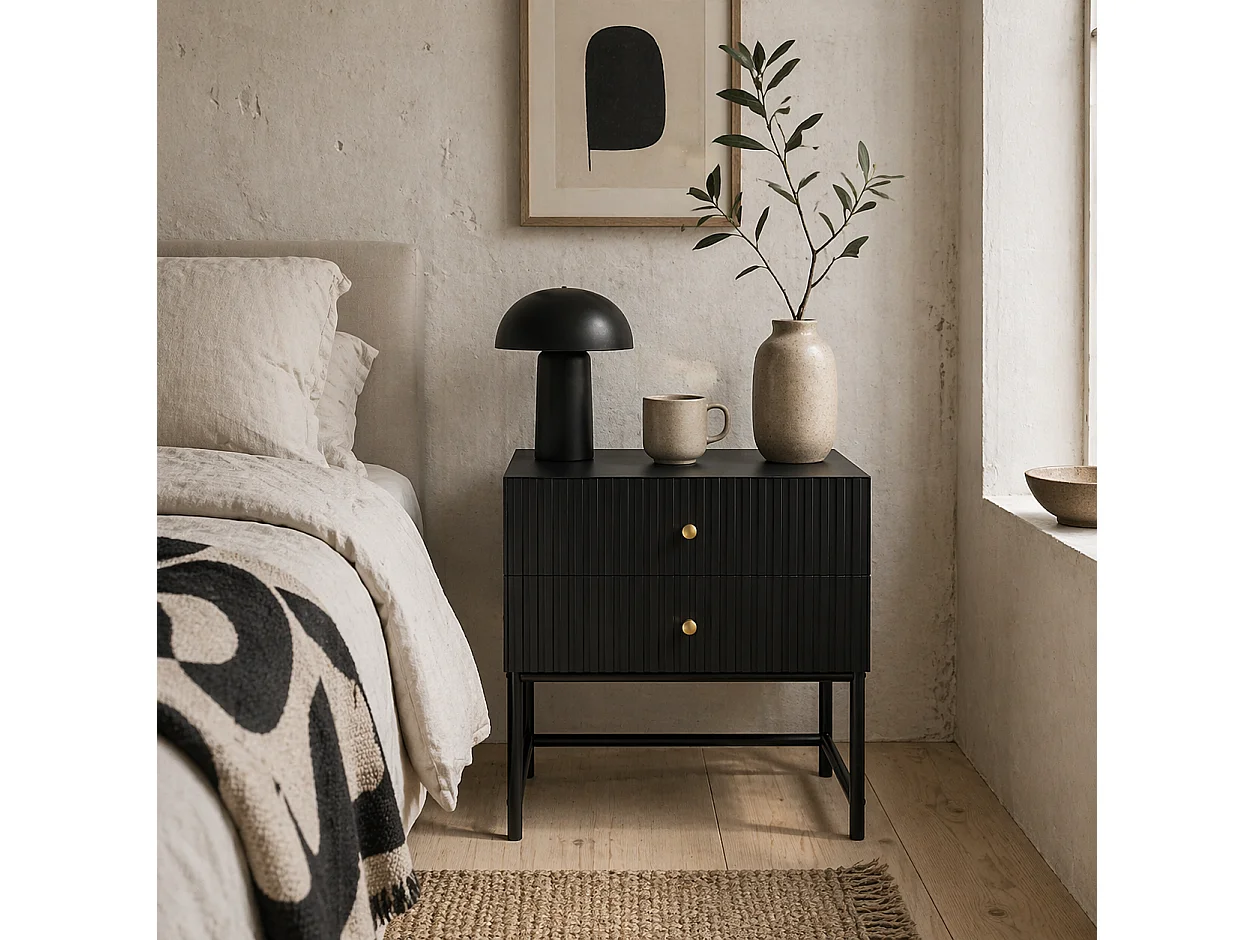 Nafico Black and Gold Ribbed 2 Drawer Bedside Table