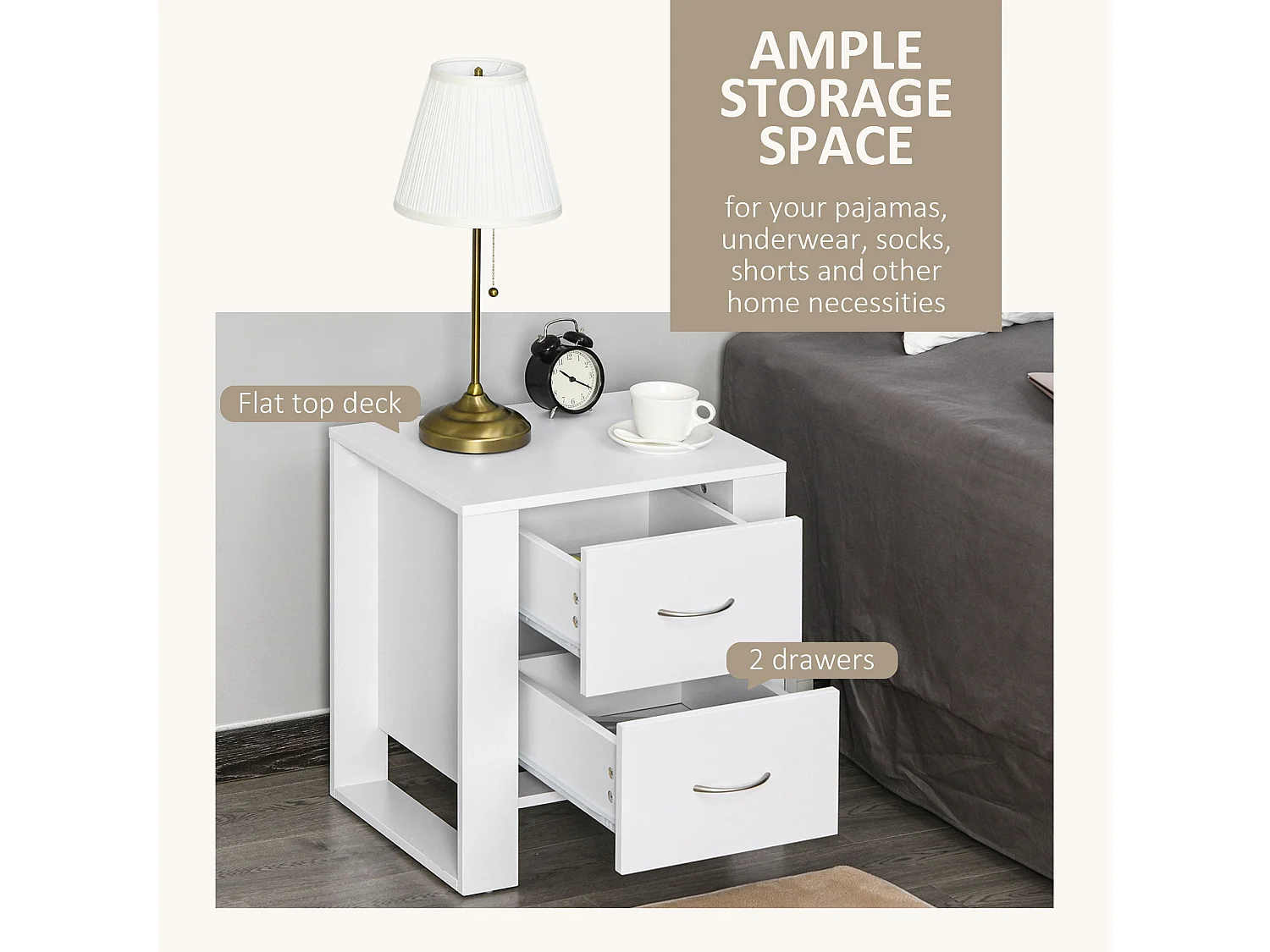Sovise Set of 2 White Wooden Bedside Tables with 2 Drawers