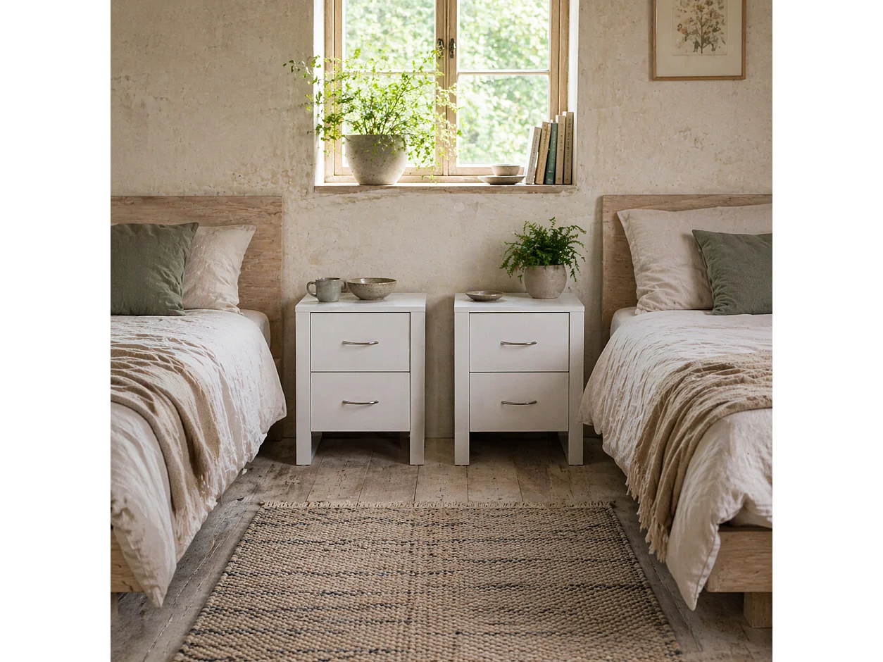 Sovise Set of 2 White Wooden Bedside Tables with 2 Drawers