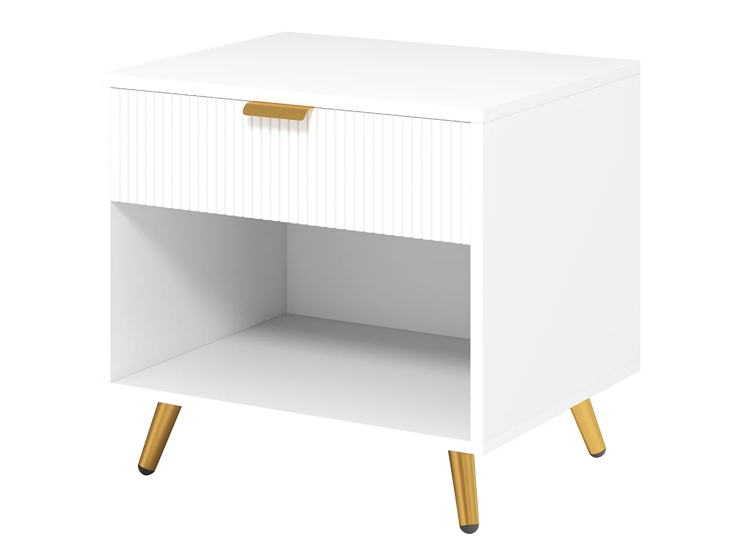 Sedora Vela White and Gold Bedside Table with Ribbed Drawer and Shelf