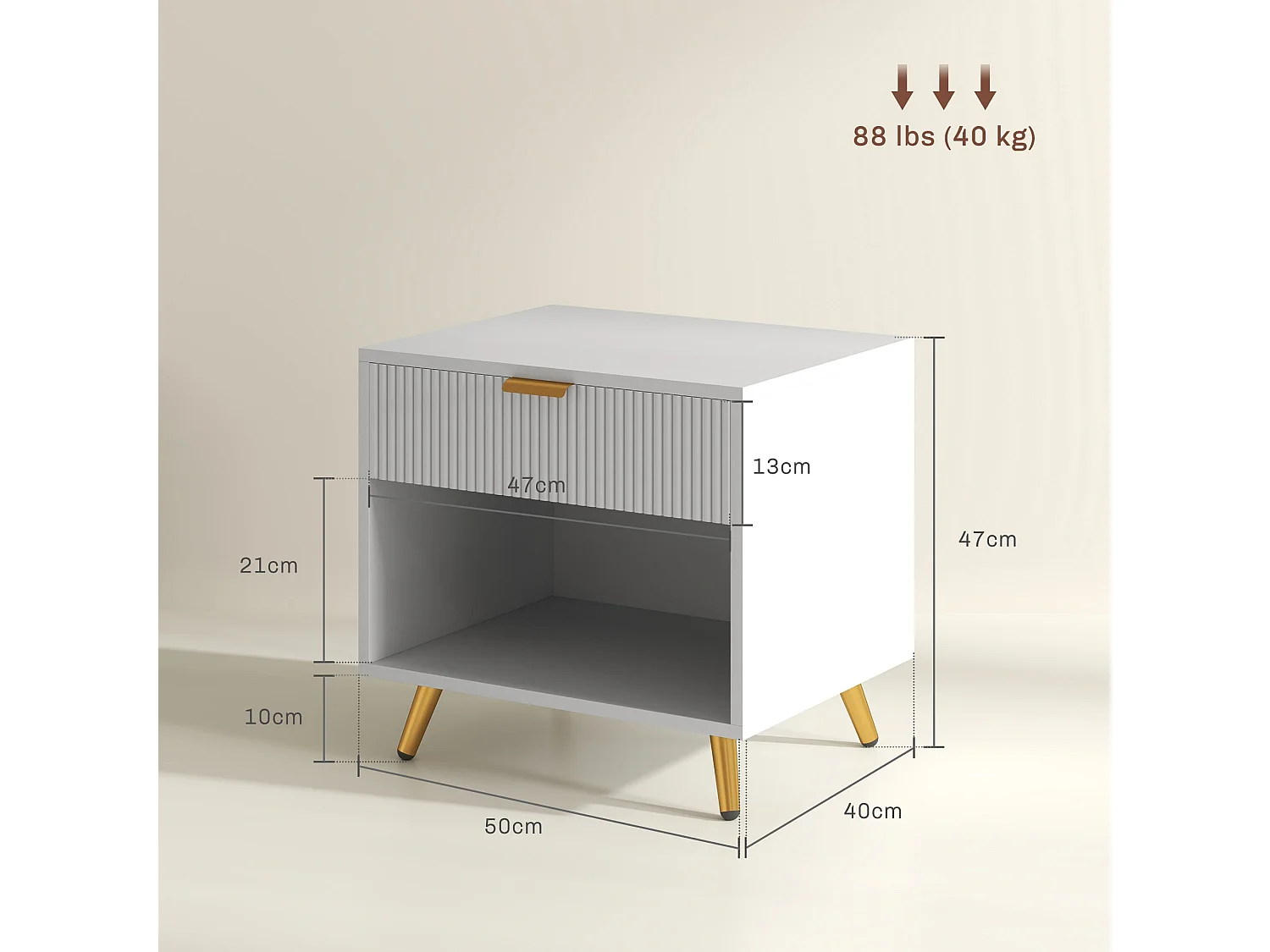 Sedora Vela White and Gold Bedside Table with Ribbed Drawer and Shelf