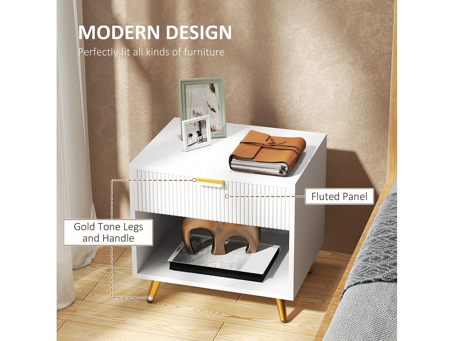 Sedora Vela White and Gold Bedside Table with Ribbed Drawer and Shelf