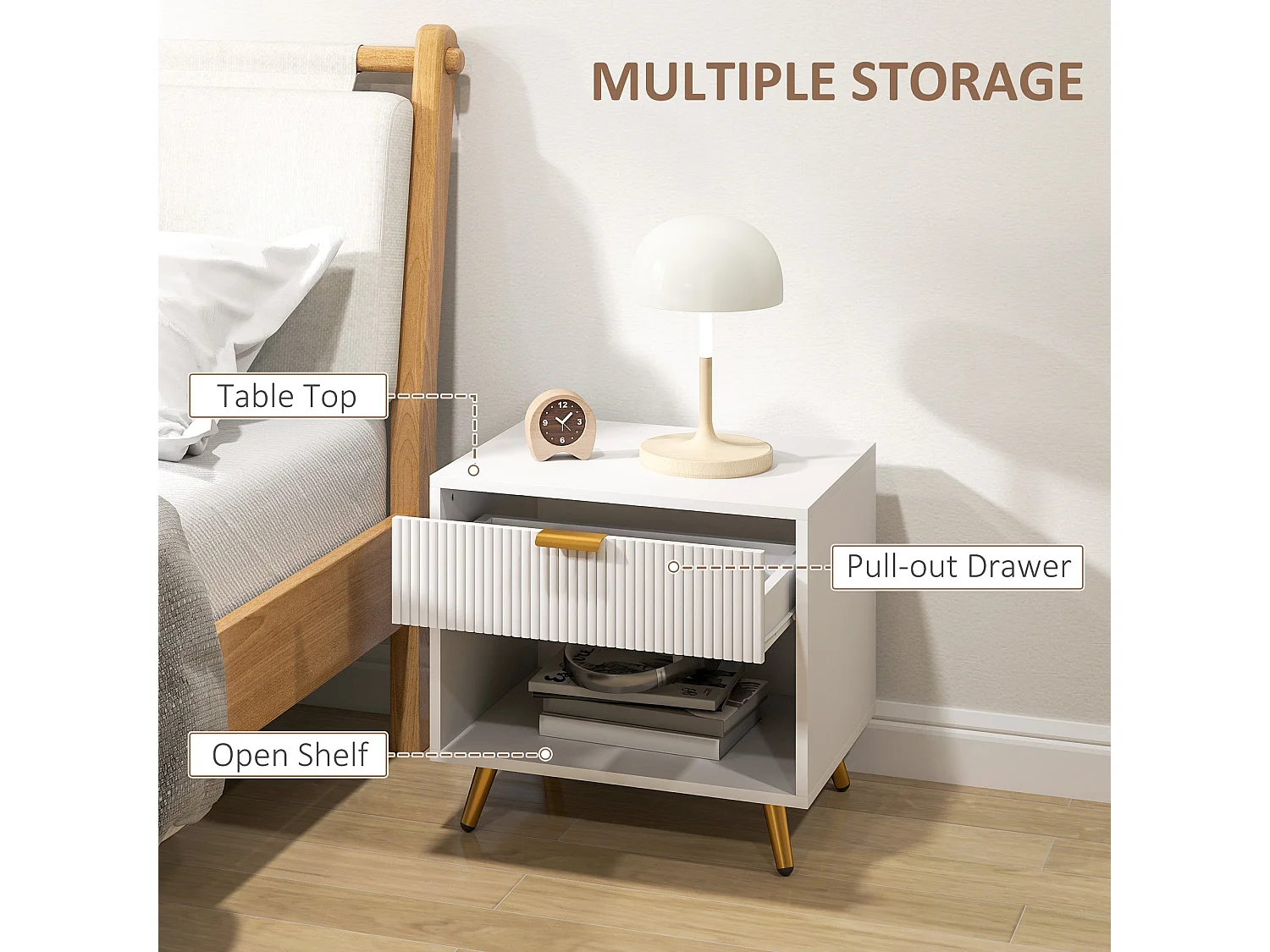 Sedora Vela White and Gold Bedside Table with Ribbed Drawer and Shelf