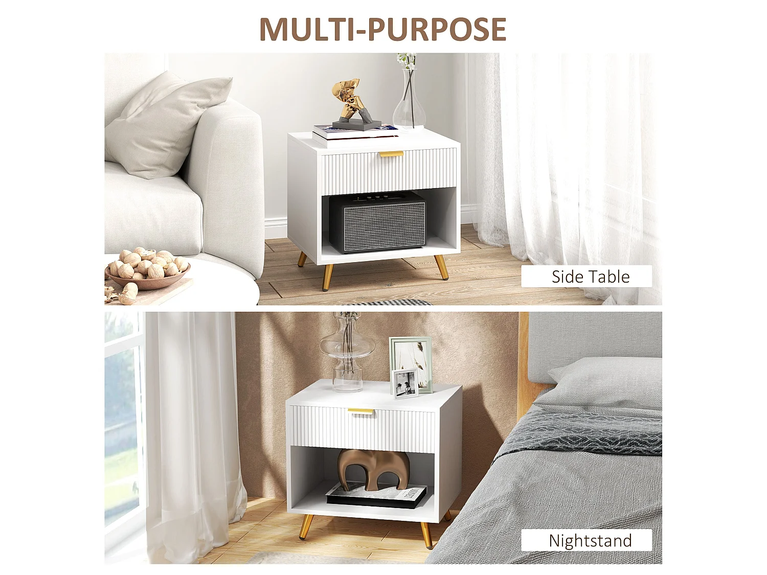 Sedora Vela White and Gold Bedside Table with Ribbed Drawer and Shelf