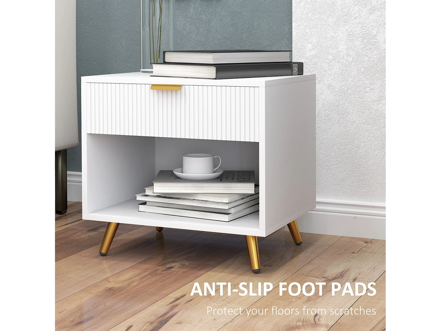 Sedora Vela White and Gold Bedside Table with Ribbed Drawer and Shelf