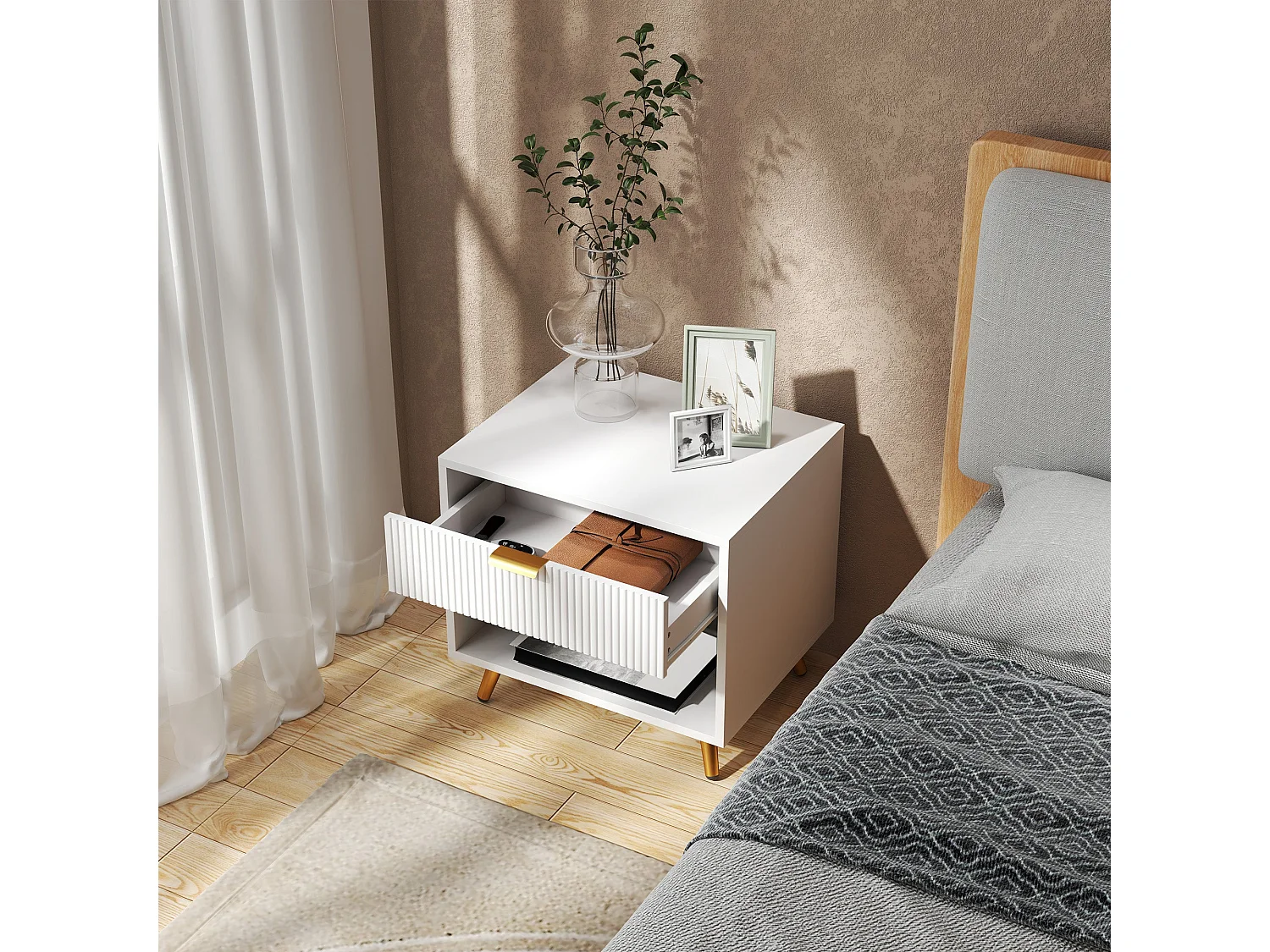 Sedora Vela White and Gold Bedside Table with Ribbed Drawer and Shelf