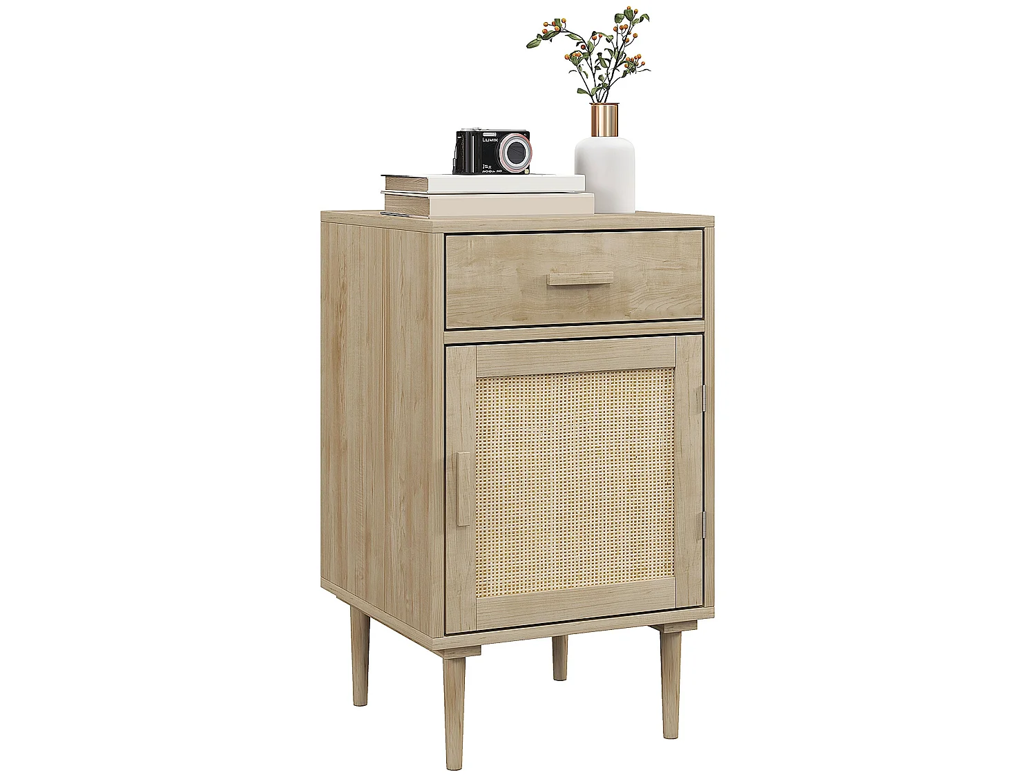 Basose Natural Wood Effect Rattan Bedside Table with Drawer and Door