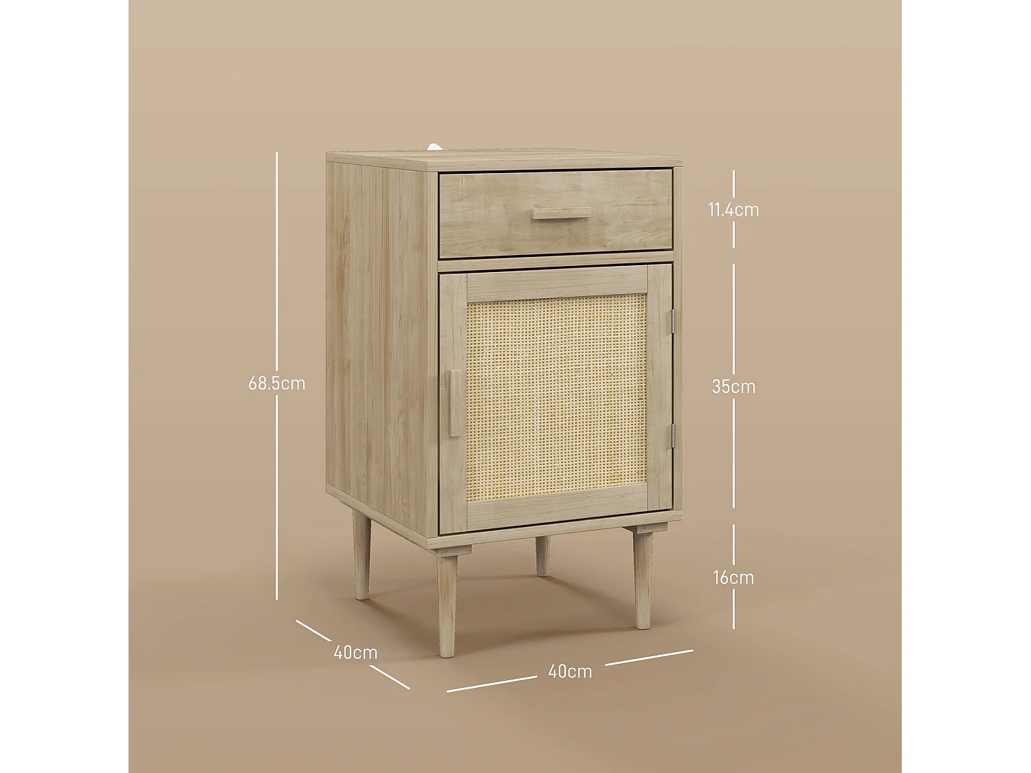 Basose Natural Wood Effect Rattan Bedside Table with Drawer and Door