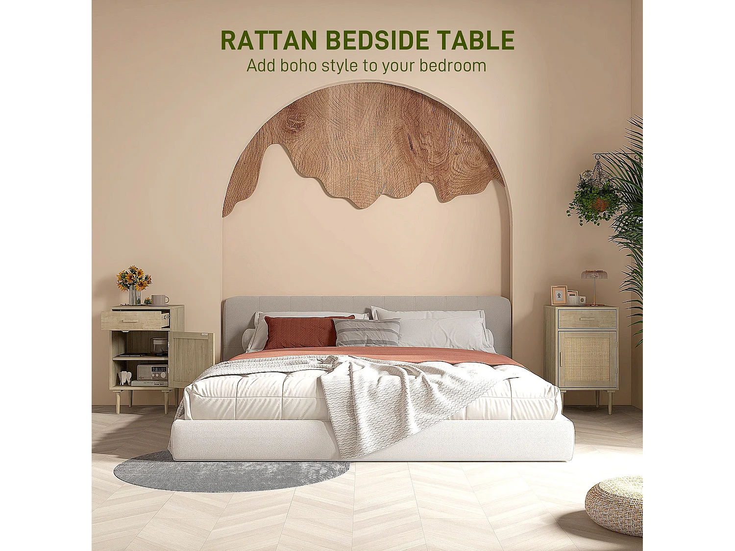 Basose Natural Wood Effect Rattan Bedside Table with Drawer and Door