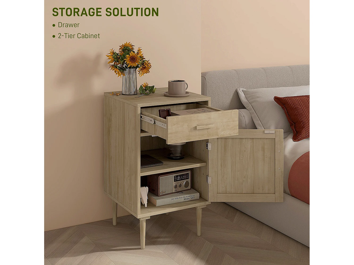 Basose Natural Wood Effect Rattan Bedside Table with Drawer and Door