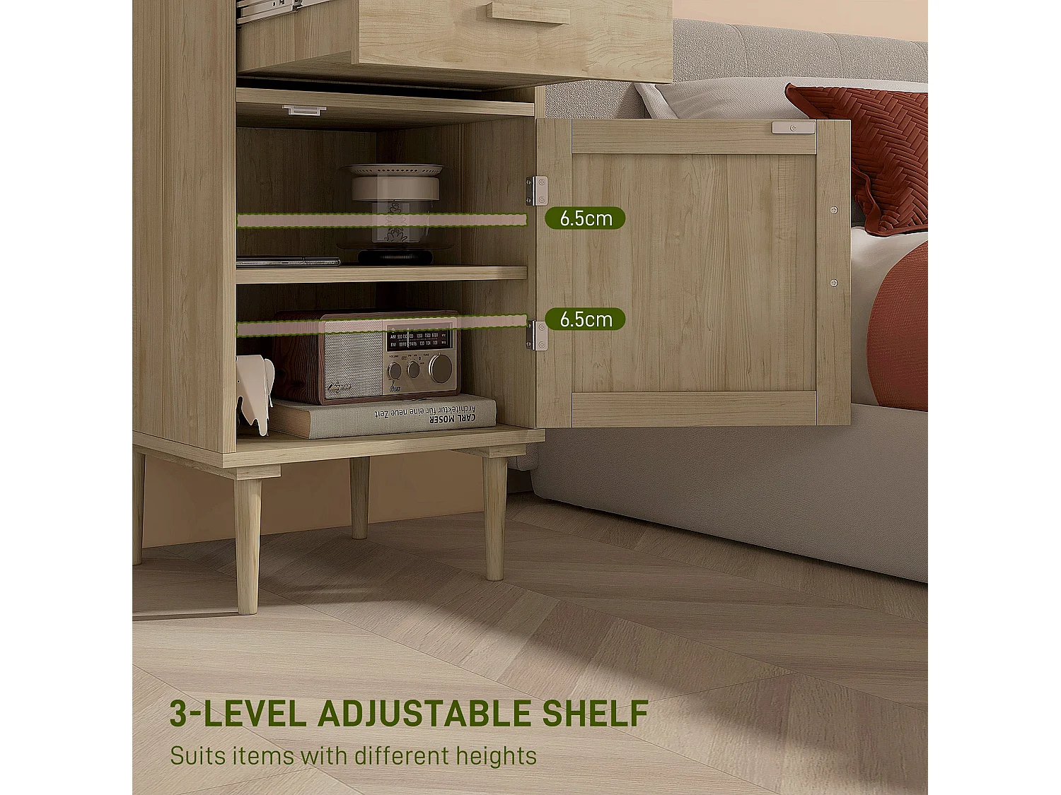 Basose Natural Wood Effect Rattan Bedside Table with Drawer and Door