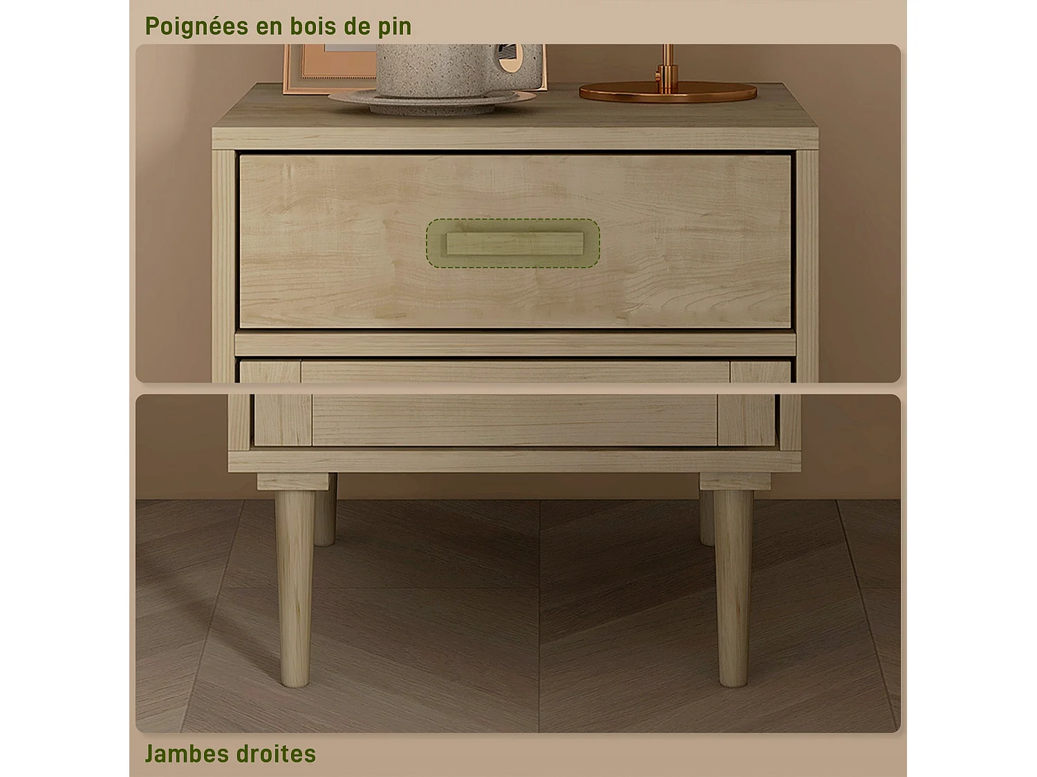 Basose Natural Wood Effect Rattan Bedside Table with Drawer and Door