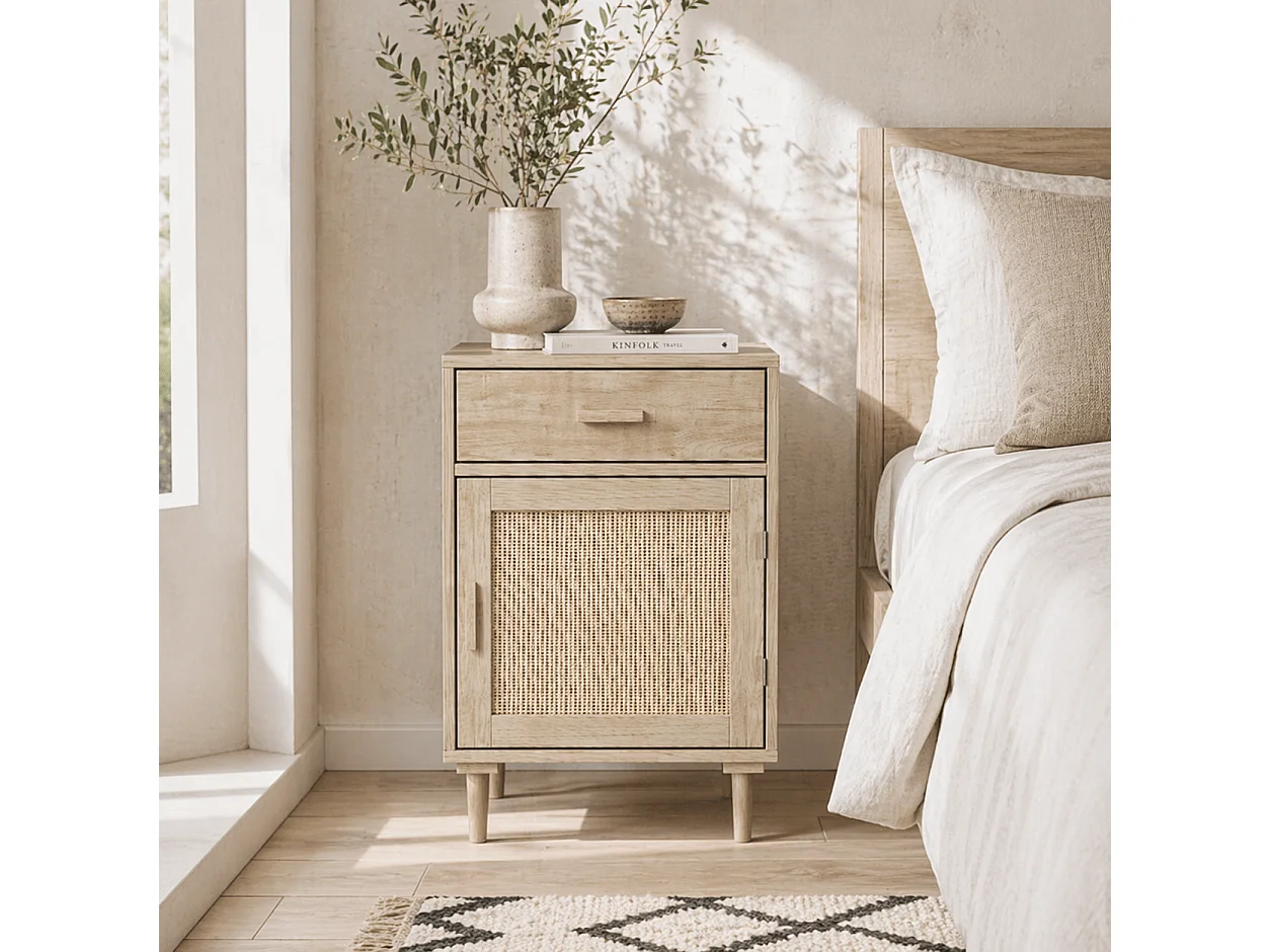 Basose Natural Wood Effect Rattan Bedside Table with Drawer and Door