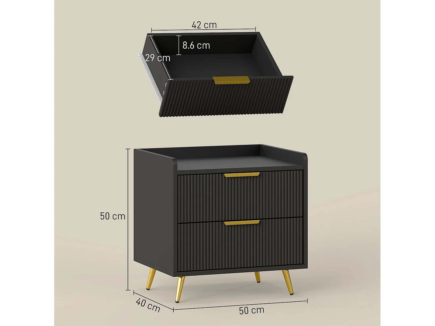 Vevele Black 2 Drawer Ribbed Bedside Table with Gold Accents