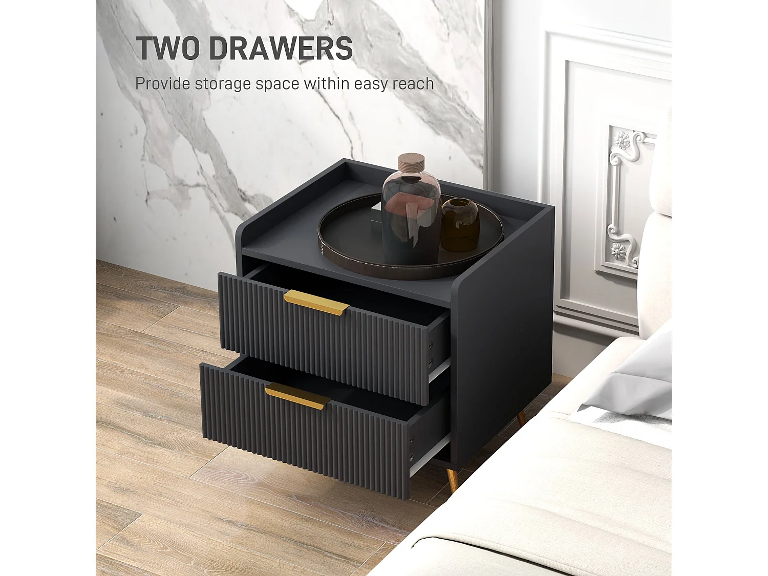 Vevele Black 2 Drawer Ribbed Bedside Table with Gold Accents