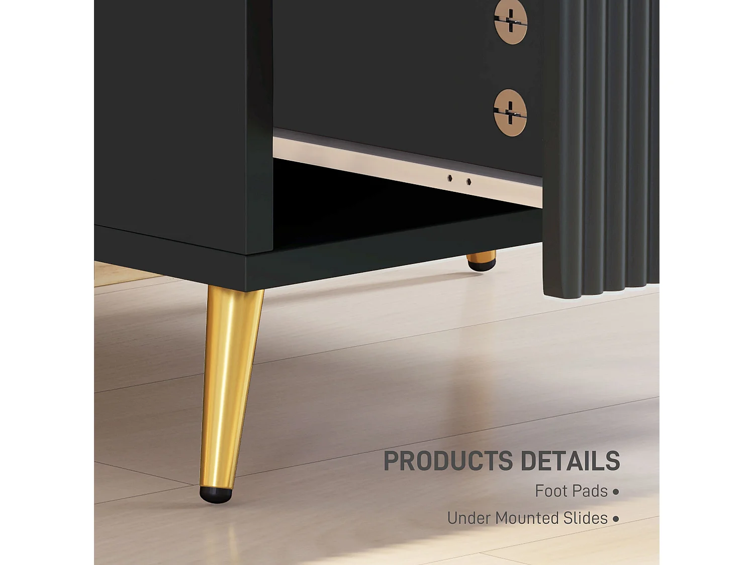 Vevele Black 2 Drawer Ribbed Bedside Table with Gold Accents