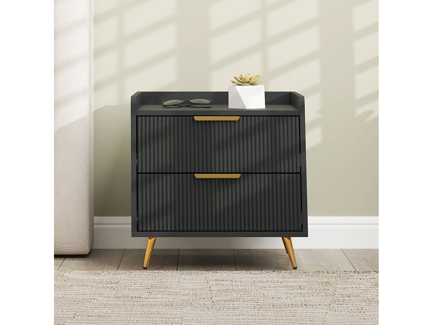 Vevele Black 2 Drawer Ribbed Bedside Table with Gold Accents