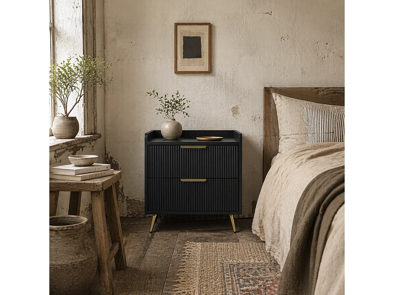 Vevele Black 2 Drawer Ribbed Bedside Table with Gold Accents