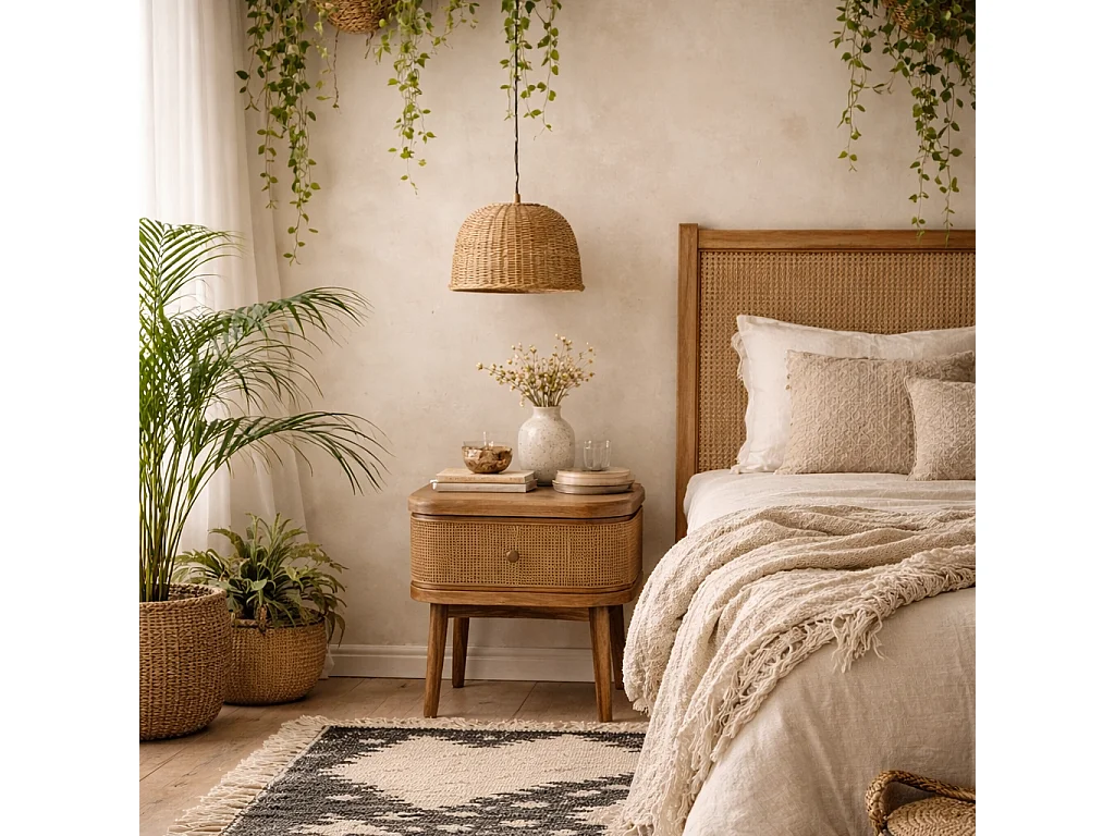 Pasadena Natural Wood Bedside Table with Rattan Front 1 Drawer