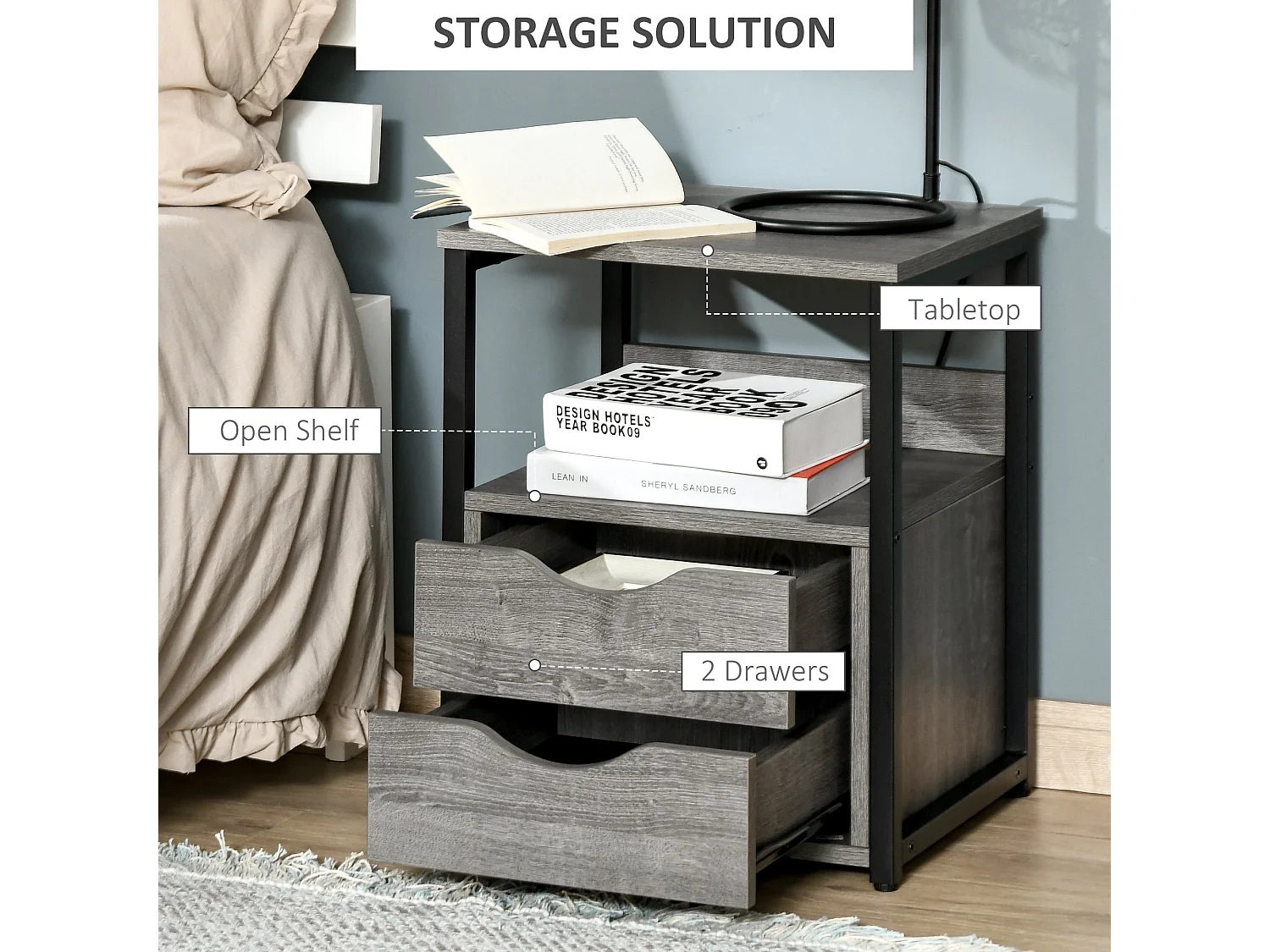 Sesopa Metal Grey Industrial Slim Bedside Table Drawer and Shelf