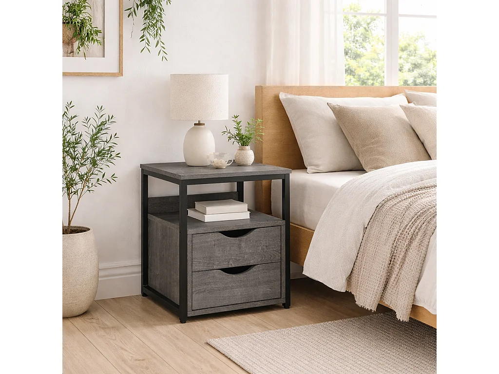 Sesopa Metal Grey Industrial Slim Bedside Table Drawer and Shelf