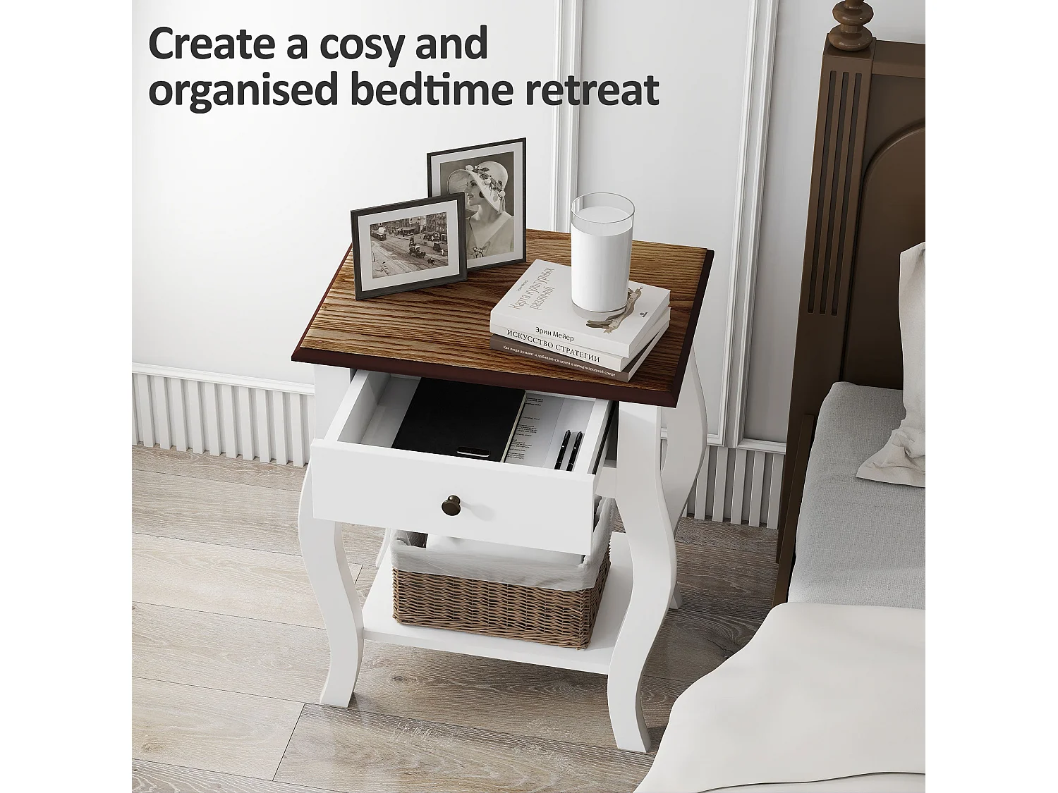 Rifipa Set of 2 French Style Bedside Tables with Drawer and Open Shelf